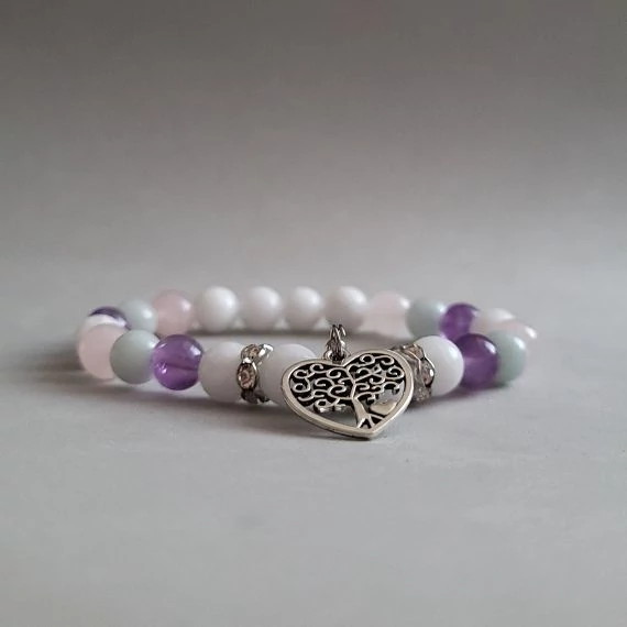 Akvamarin, Ametiszt, Rózsa és Tejkvarc ásvány karkötő