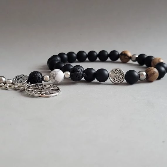 Férfi karkötő matt ónix ásvány életfa mdál